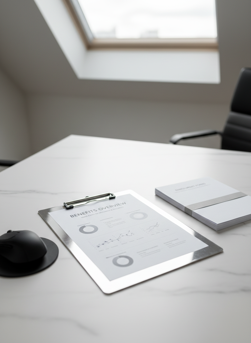 A pristine, silver metallic clipboard with a crisp, printed benefits summary sheet clipped in, featuring minimalist infographics and a calm gray-blue palette. The clipboard rests diagonally on a white conference table with a faint marble grain, flanked by a single black wireless mouse and a neatly stacked bundle of blank forms. Overhead natural lighting from a skylight casts subtle, elongated highlights on the metal and paper, contributing to a calm, balanced atmosphere. The composition leverages negative space, with a shallow depth of field keeping the clipboard in sharp focus while gently diffusing the background. The visual style is modern, structured, and photographic—emphasizing professionalism and organizational ease.