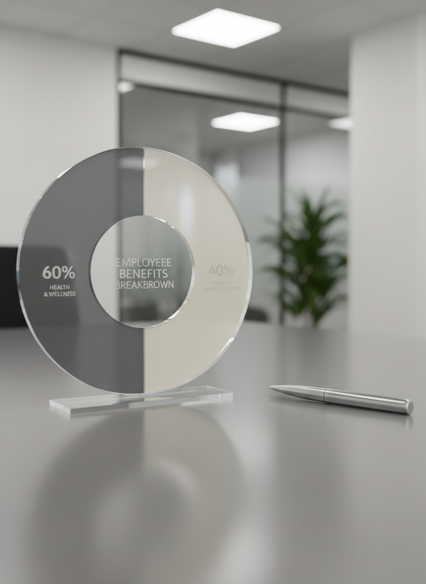 A high-resolution, close-up shot of a modern, transparent acrylic pie chart with color segments in cool, muted gray and ivory tones, placed atop a flat gray workspace. The surface gently reflects the chart, and a single, polished chrome pen sits parallel to the edge. Soft diffused artificial lighting enhances the chart's clean edges and the subtle reflections, creating a sense of structured clarity. The overall mood is analytical and confident, suggesting the precise breakdown of employee benefit categories—perfect for a professional blog deconstructing assumptions about coverage. The camera is focused at eye-level, slightly off-center using the rule of thirds, with sharp foreground and a softly blurred background. Clean, photographic, and corporate in character.