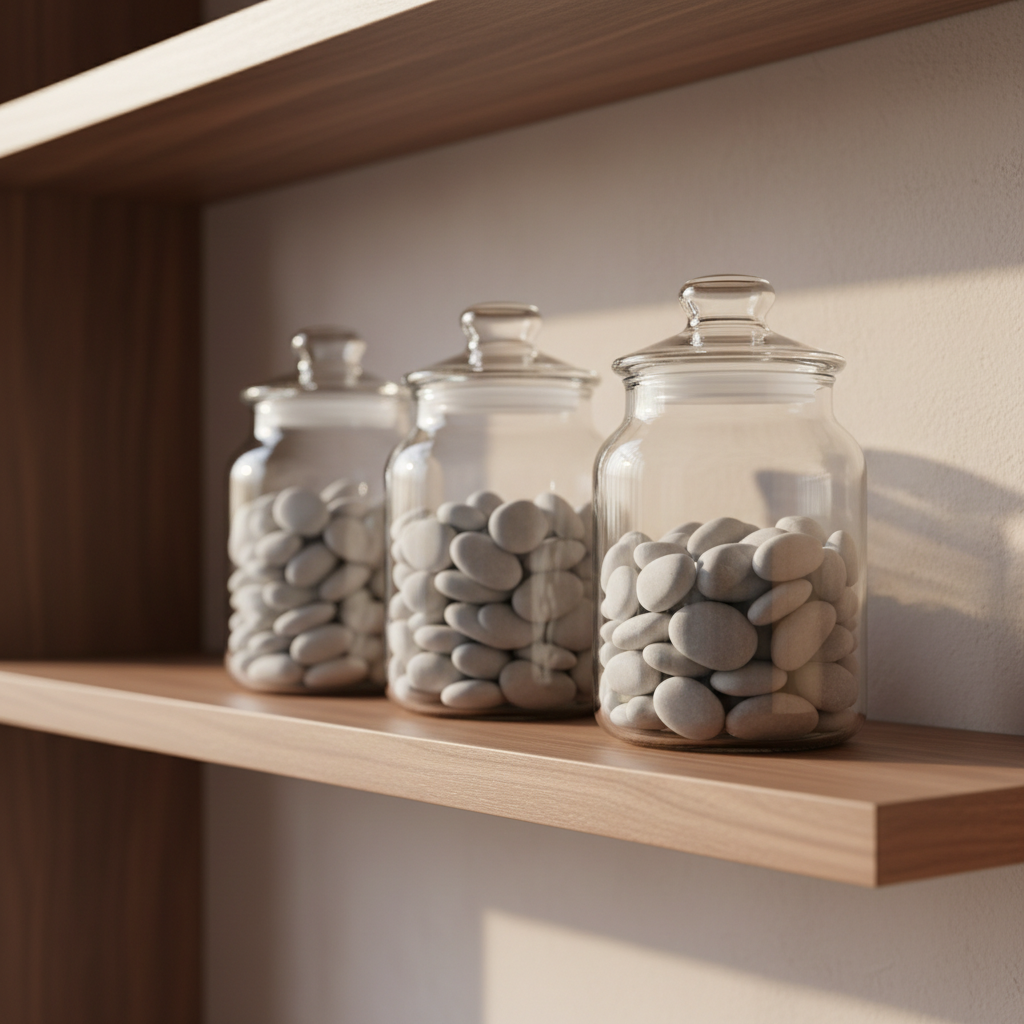 A close-up of a neat row of three transparent glass jars, each filled to varying levels with pale gray pebbles, symbolizing savings or financial security. The jars are arranged on a natural, matte walnut shelf with elegant, clean lines, set against a textured, soft beige corporate wall. Gentle morning light filters in from the left, creating delicate highlights on the glass curves and subtle diffused shadows on the wall behind. The atmosphere is thoughtful and quietly optimistic, illustrating the gap between expectations and reality in benefits coverage. Composition follows the rule of thirds, with a slight side angle and shallow depth of field focusing on the front jar. The overall feel is polished, minimalistic, and in line with a trustworthy business setting.